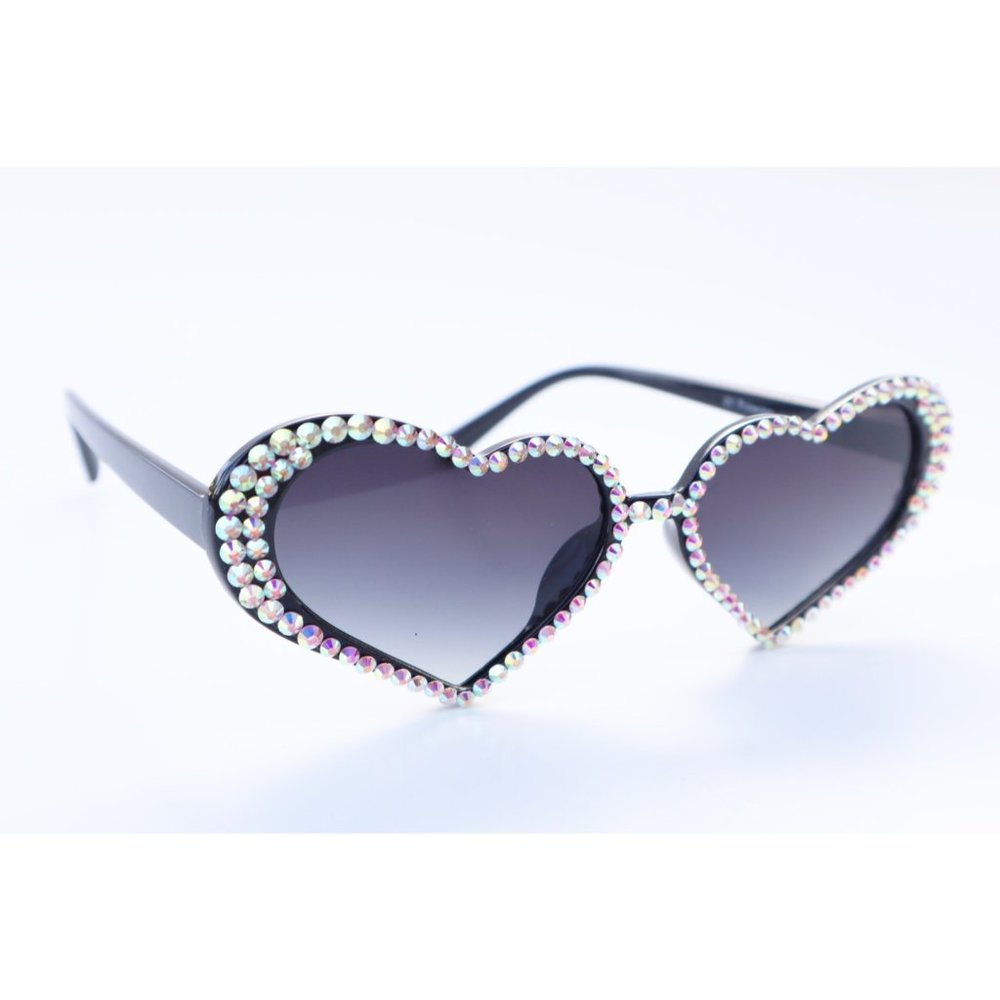 True Love Heart Sunglasses Encrusted with Rhinestones Black Frame on Black Lens